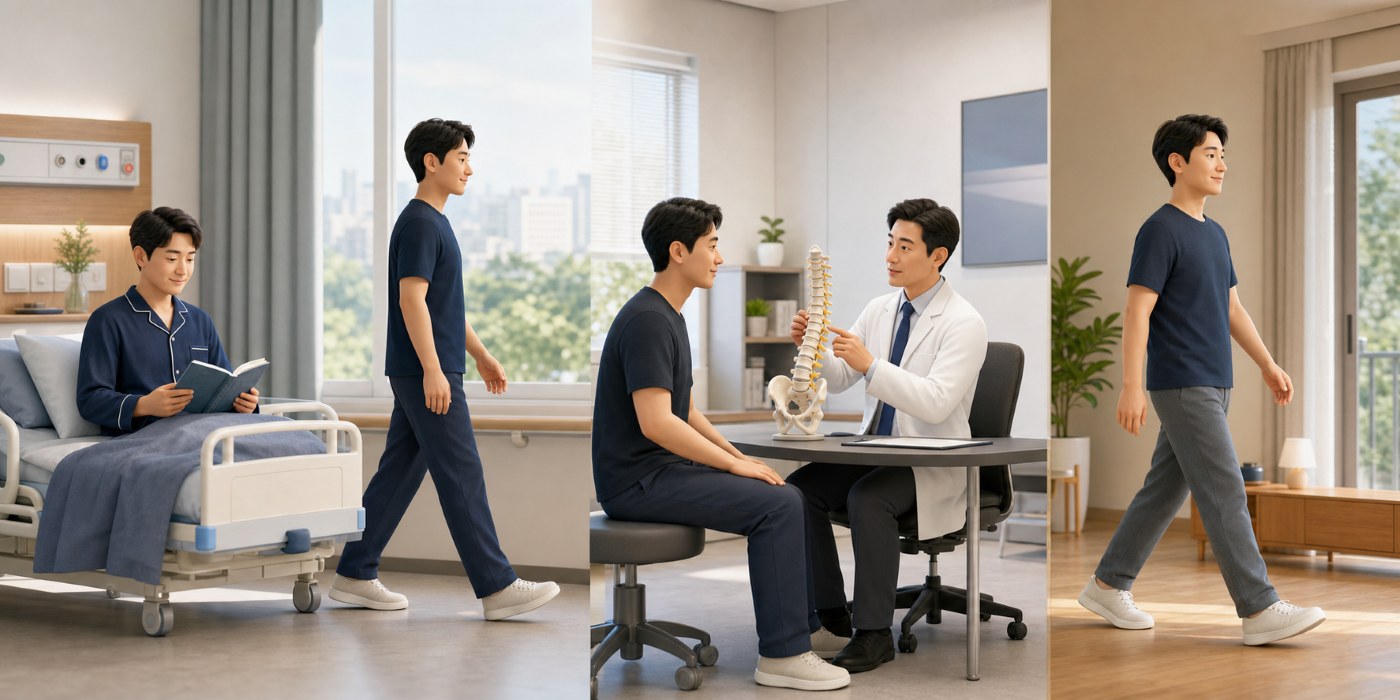 휴식과 짧은 보행, 외래 설명, 점진적 일상 보행을 차례로 보여주는 3D 이미지