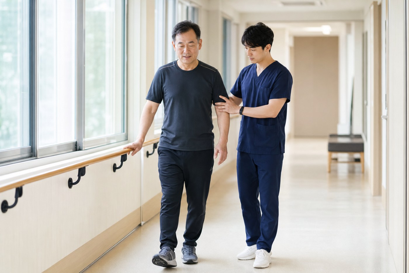 재활 복도에서 치료사의 안내를 받으며 천천히 걷는 중년 환자의 모습