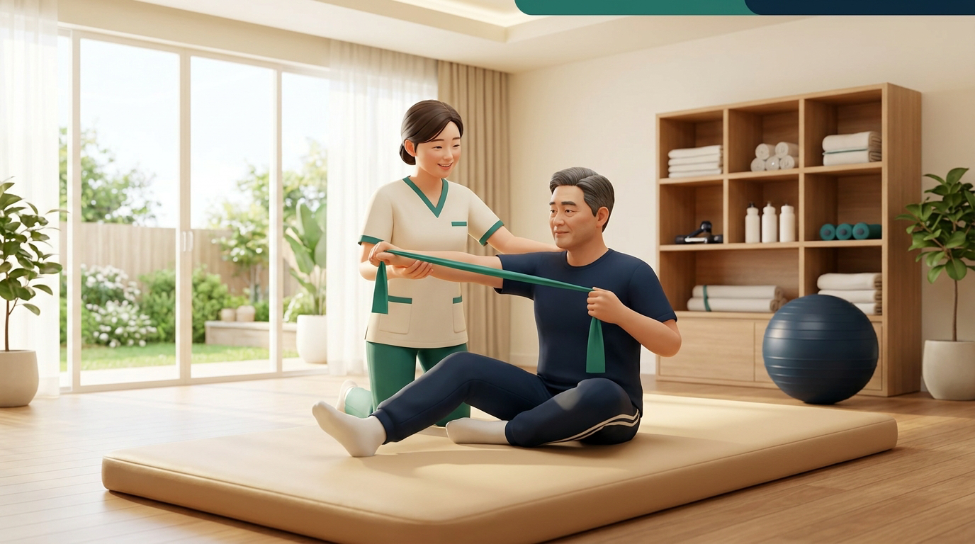 새기준병원 도수·재활치료실에서 물리치료사가 환자에게 재활 스트레칭을 안내하는 장면