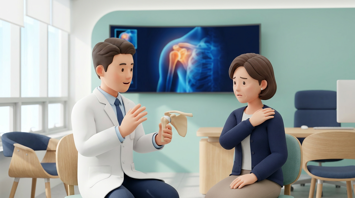 의료진이 어깨 관절 모형으로 상담하는 장면의 3D 일러스트
