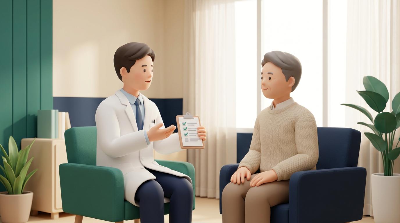 새기준병원 내과에서 의료진이 환자에게 예방접종·계절 감염병 예방을 상담 설명하는 장면
