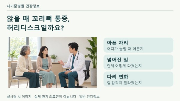 앉을 때 꼬리뼈 통증의 진료 확인점: 아픈 자리, 넘어진 일, 다리 힘·감각 변화. AI로 만든 실사형 상담 이미지이며 실제 환자·의료진이 아닙니다.