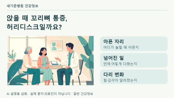 앉을 때 꼬리뼈 통증의 진료 확인점: 아픈 자리, 넘어진 일, 다리 힘·감각 변화. AI 설명용 상담 삽화.