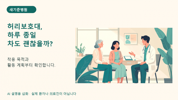 평소 허리보호대와 처방 보조기의 목적을 의료진과 확인하는 AI 설명용 상담 삽화