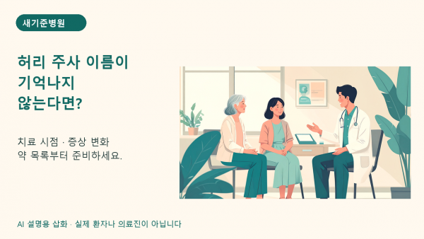 허리 주사 이름을 몰라도 증상과 치료 경과, 시술 안내문과 약 목록을 준비해 진료를 시작할 수 있다는 설명용 AI 삽화