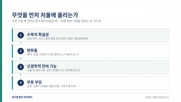 경막손상 후 보행 재개 시점을 정하는 네 가지 검토 축을 나타낸 도해
