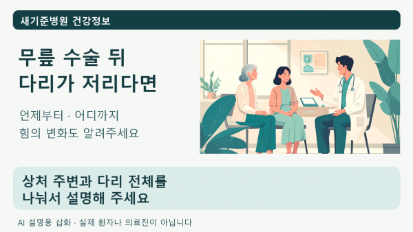 무릎 수술 뒤 저림의 시작 시점과 범위, 힘의 변화를 의료진에게 설명하는 상담 삽화