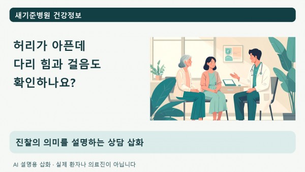 허리 진료에서 다리 힘과 걸음도 확인하는 이유를 설명하는 상담 삽화. AI 설명용이며 실제 환자나 의료진이 아닙니다.